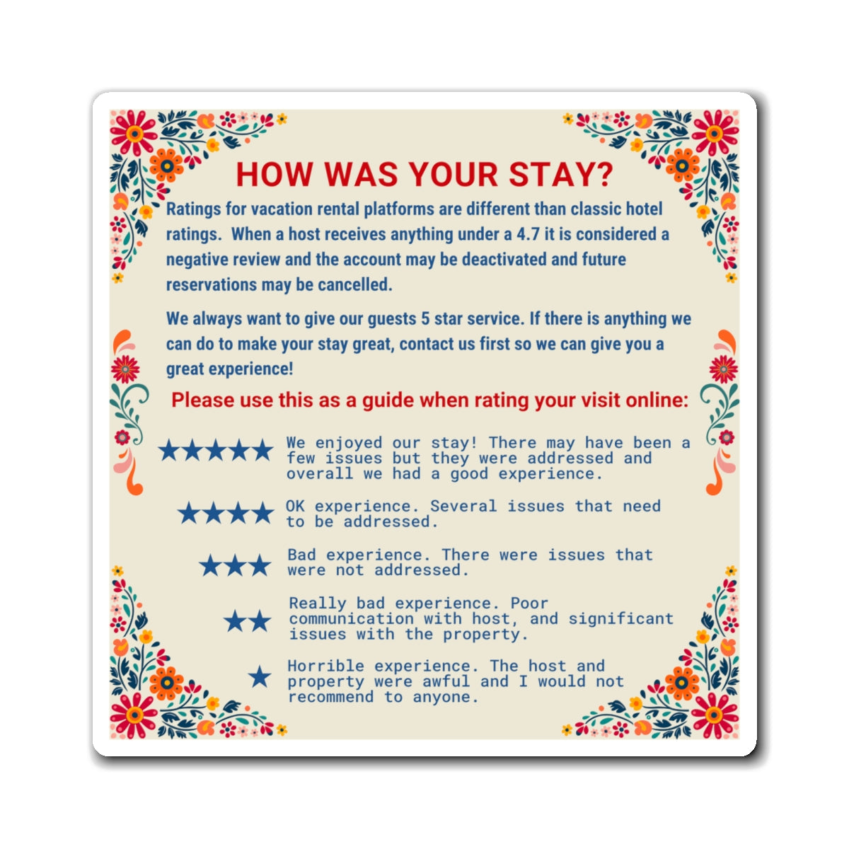 Airbnb 5 Star Review Magnet, Airbnb Review Magnet, VRBO Review Magnet, Beach Rental, Mexican Floral Pattern