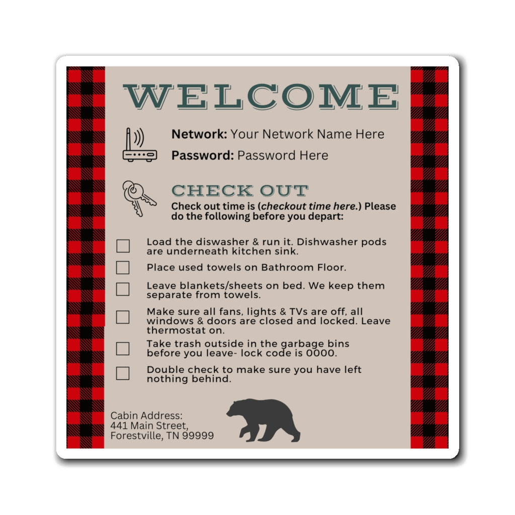 Custom Welcome Magnet with Check Out Instructions, Wifi Password Sign, Check Out Instruction Magnet for Vacation Rentals
