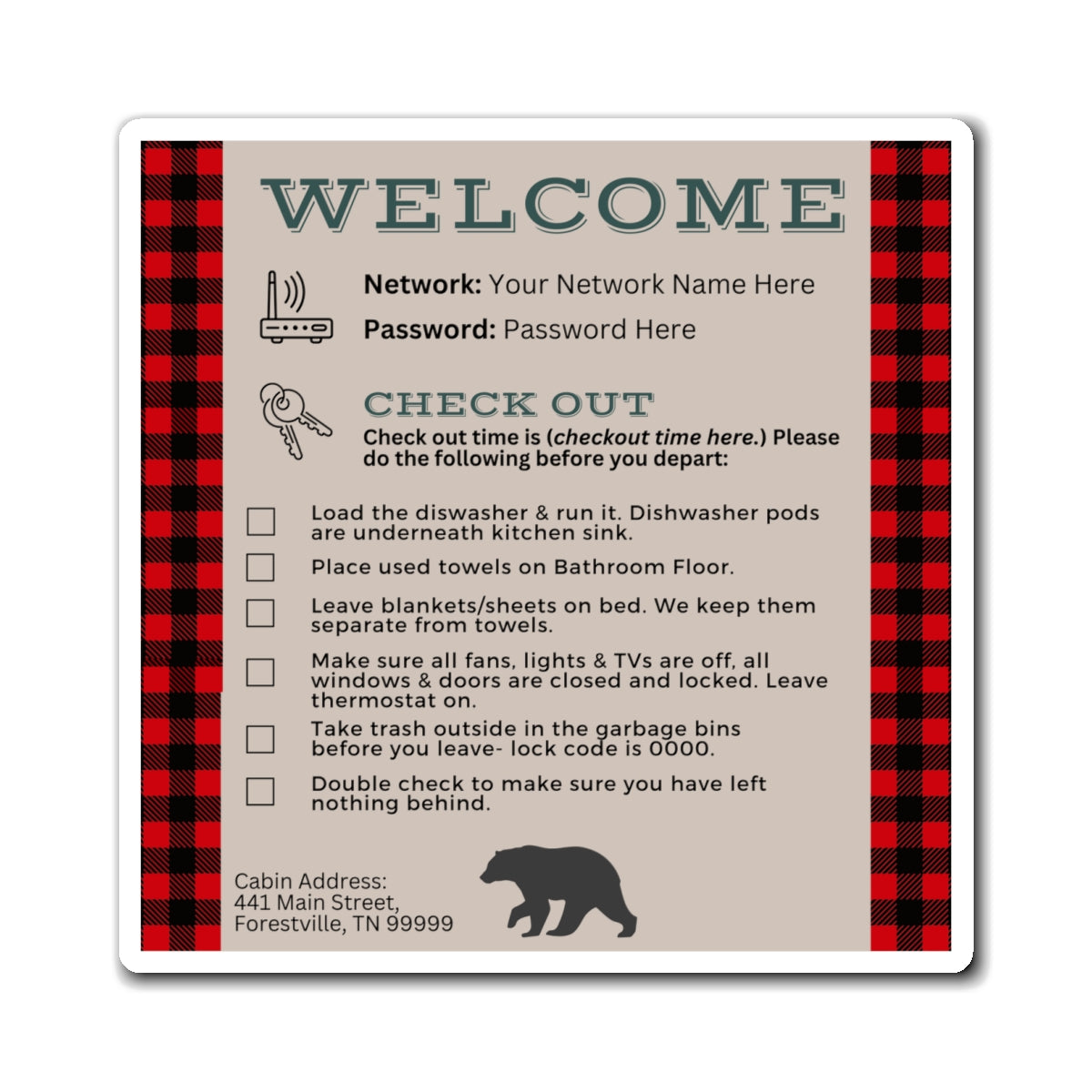 Custom Welcome Magnet with Check Out Instructions, Wifi Password Sign, Check Out Instruction Magnet for Vacation Rentals