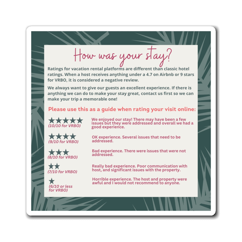 Airbnb 5 Star Review Magnet, Airbnb Review Magnet, VRBO Review Magnet, Tropical Pattern, Island Patten, Beach Rental