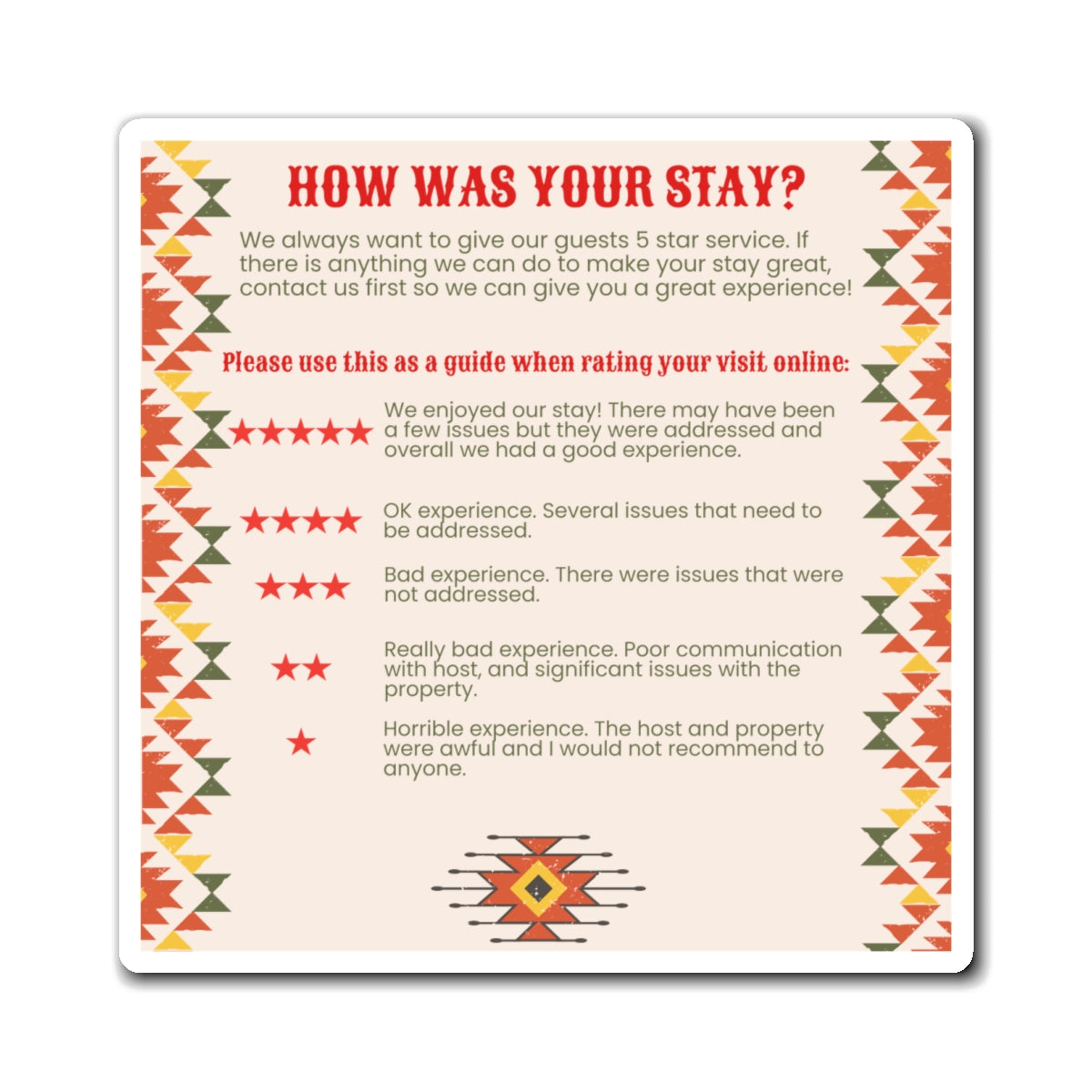 Southwestern Airbnb Review Magnet 5 Star Ratings Guide Ratings Explanation Magnet 5 Star Magnet for Hosts, Boho Design