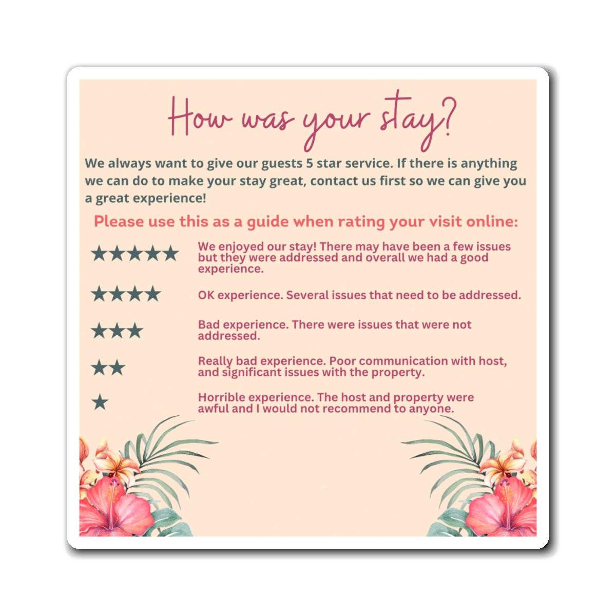 Airbnb Review Magnet 5 Star Ratings Guide Ratings Explanation Magnet 5 Star Magnet for Hosts Hawaiian Flower Design