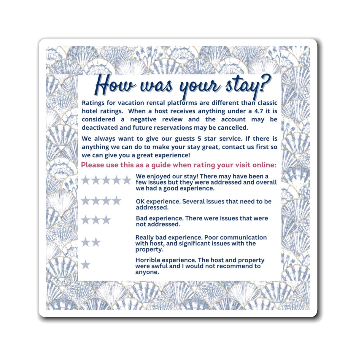 Airbnb Review Magnet 5 Star Ratings Guide Ratings Explanation Magnet 5 Star Magnet for Hosts, Shell Beach Theme