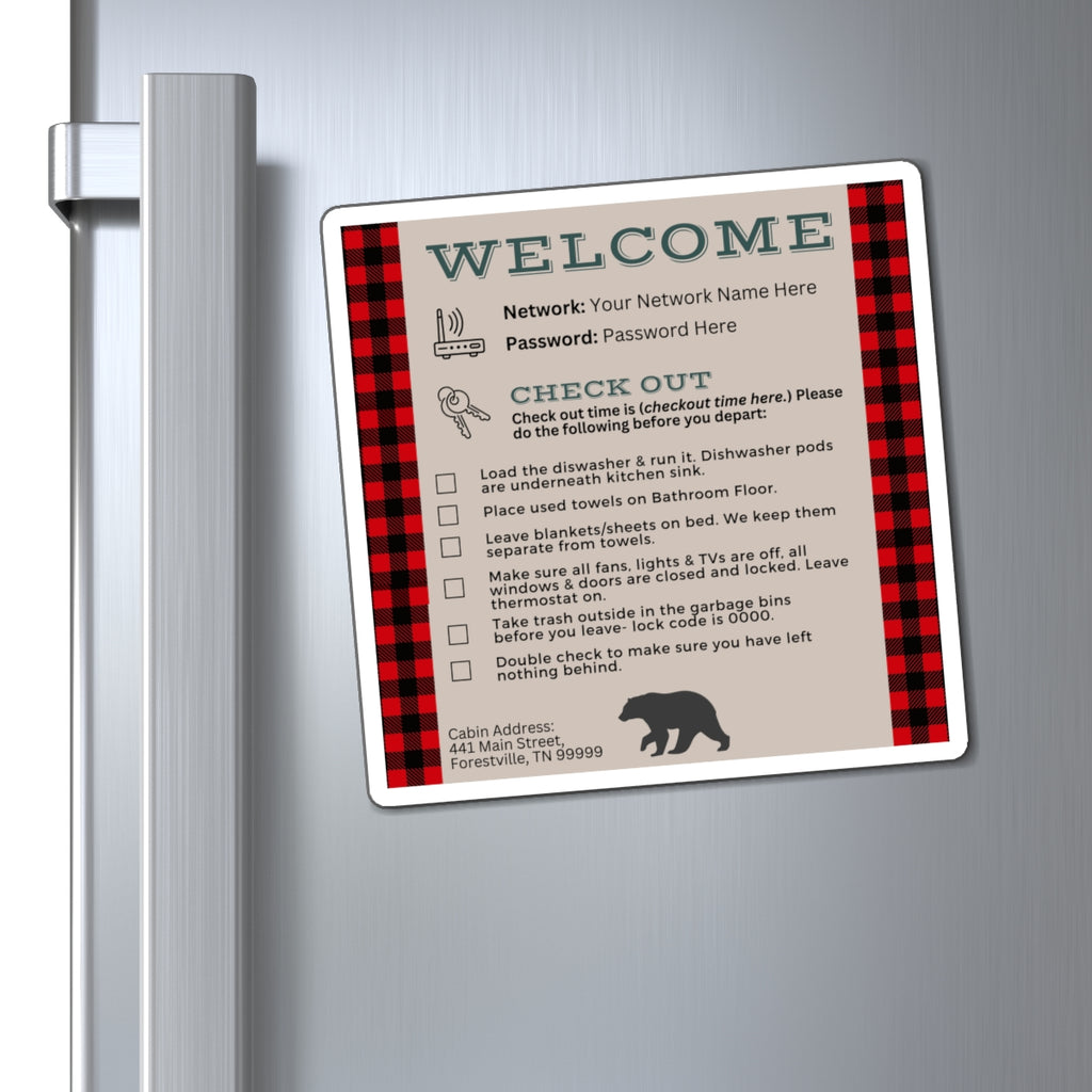 Custom Welcome Magnet with Check Out Instructions, Wifi Password Sign, Check Out Instruction Magnet for Vacation Rentals