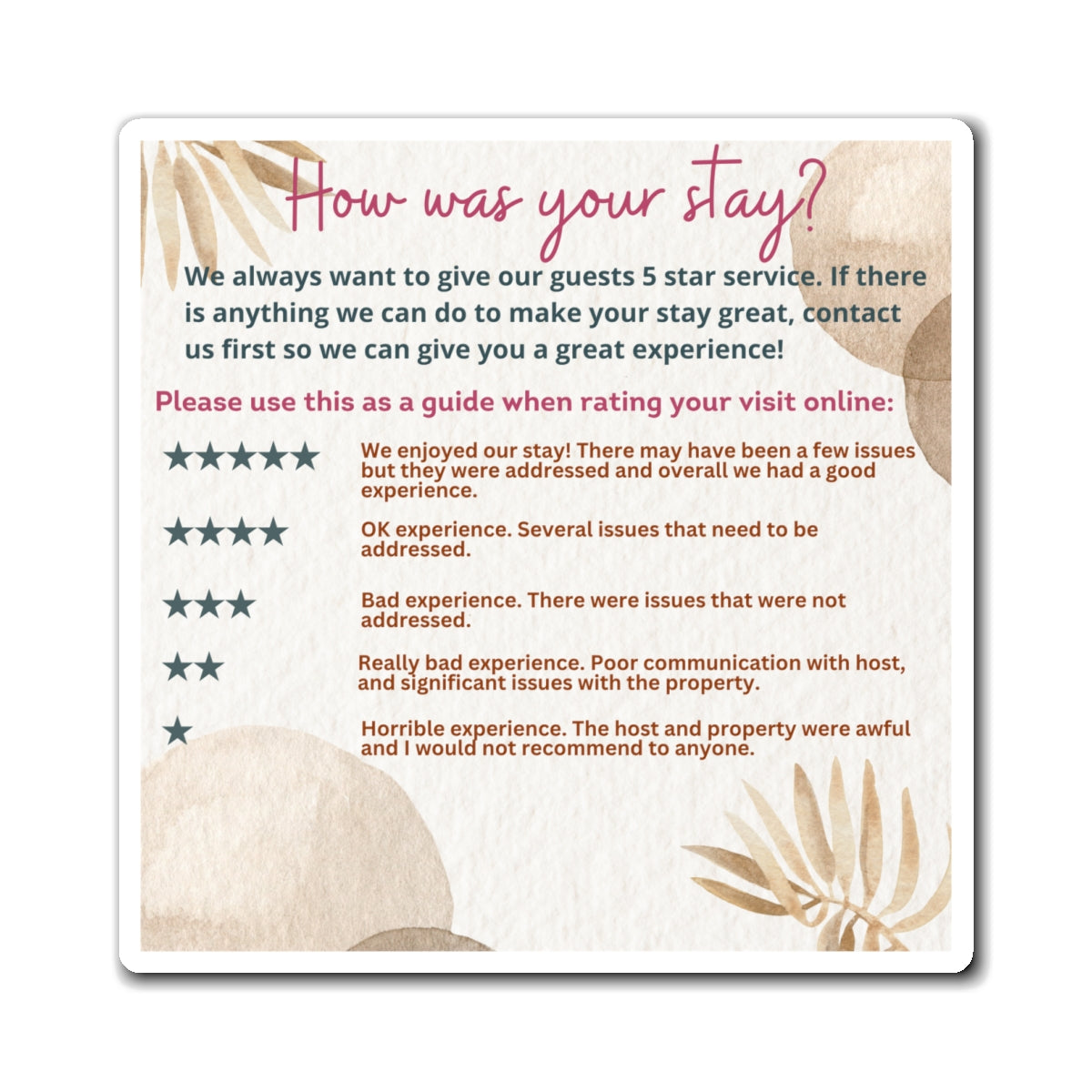 Airbnb Review Magnet 5 Star Ratings Guide Ratings Explanation Magnet 5 Star Magnet for Hosts, Boho Design