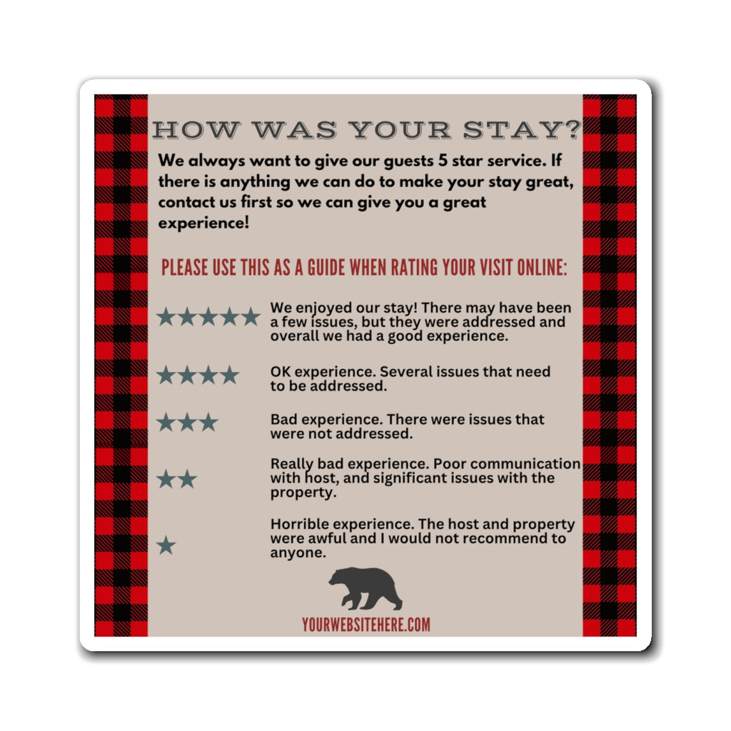 Airbnb Review Magnet 5 Star Ratings Guide Ratings Explanation Magnet 5 Star Magnet for Hosts, Bear Buffalo Plaid Red Black Design
