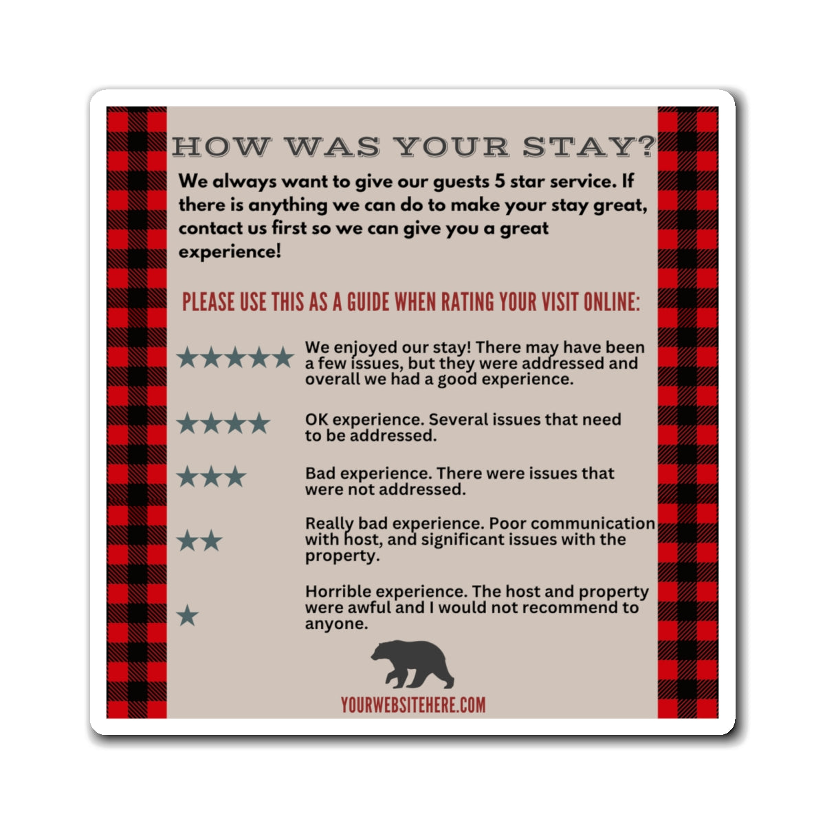 Airbnb Review Magnet 5 Star Ratings Guide Ratings Explanation Magnet 5 Star Magnet for Hosts, Bear Buffalo Plaid Red Black Design