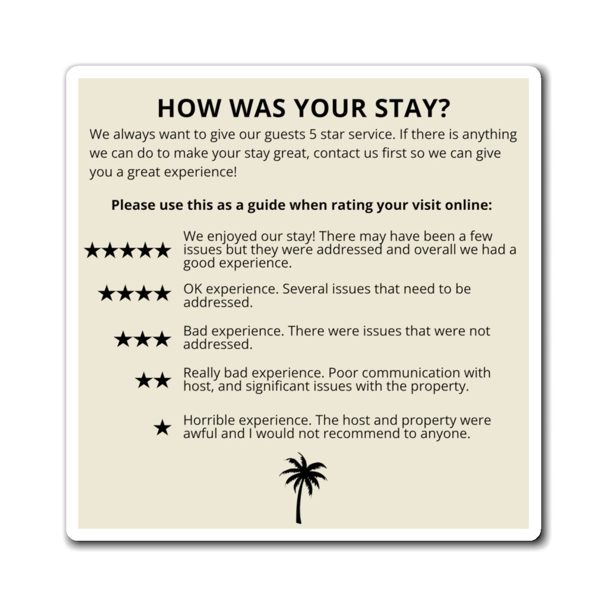 Airbnb Review Magnet, 5 Star Rating Review for Hosts- Beach Rental, Palm Tree