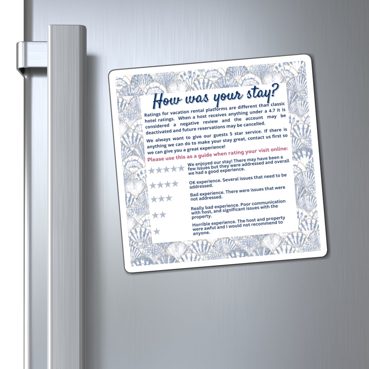 Airbnb Review Magnet 5 Star Ratings Guide Ratings Explanation Magnet 5 Star Magnet for Hosts, Shell Beach Theme